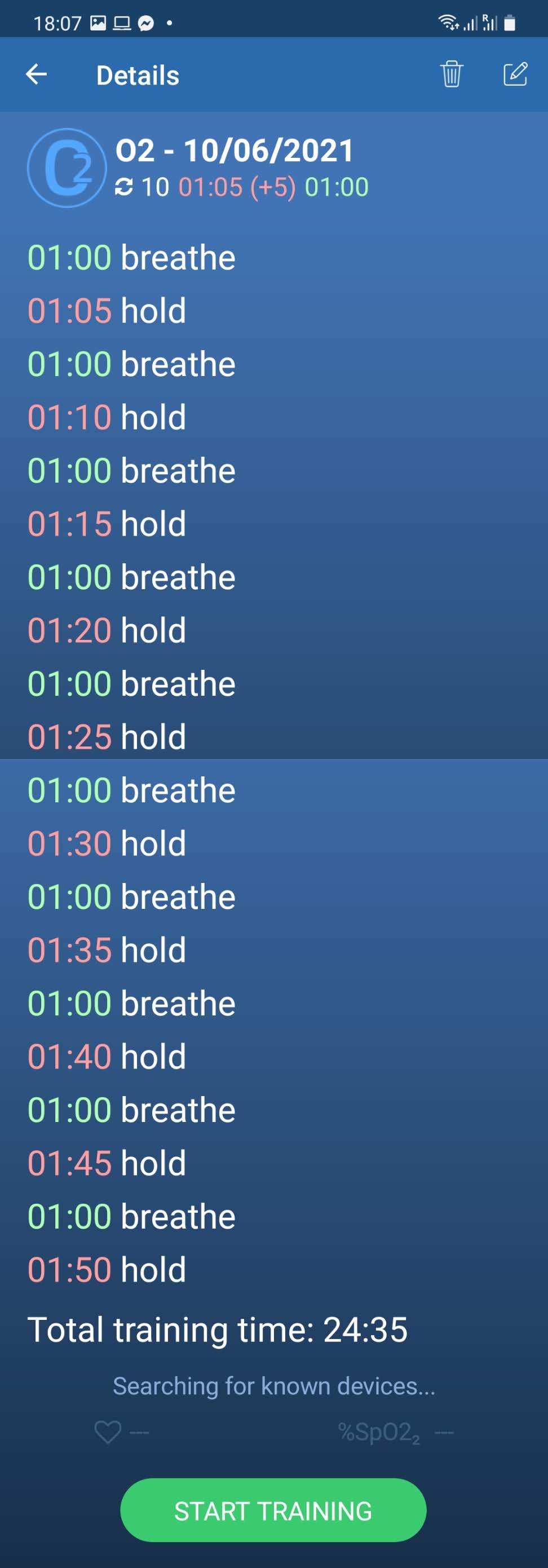 Screenshot of the recommended breath-hold duration from Stamina - an easy workout to improve tolerance of reduced blood oxygen levels